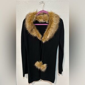 Energie Size L Black Cardigan with Faux Fur Trim